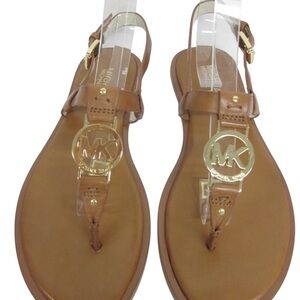 Michael Michael Kors Sondra Cognac Thong Sandal Size 8 Gold MK Medallion  EUC